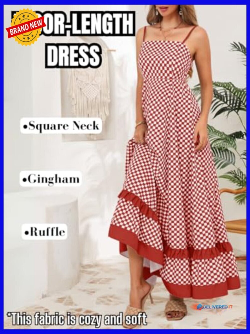 Checkered Maxi Dress Backless Ruffle A-Line Summer Beach Vacation - Picture 2 of 7